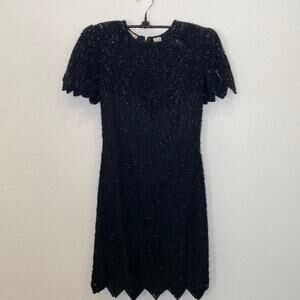 Laurence Kazar Vintage Black Short Sleeve Beaded Sequined Midi Cocktail Dress Sm